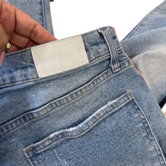 Pistola Women Striped Side Denim Slim Button Fly Jeans SZ 31 Light Wash Mid-Rise - Picture 3 of 16